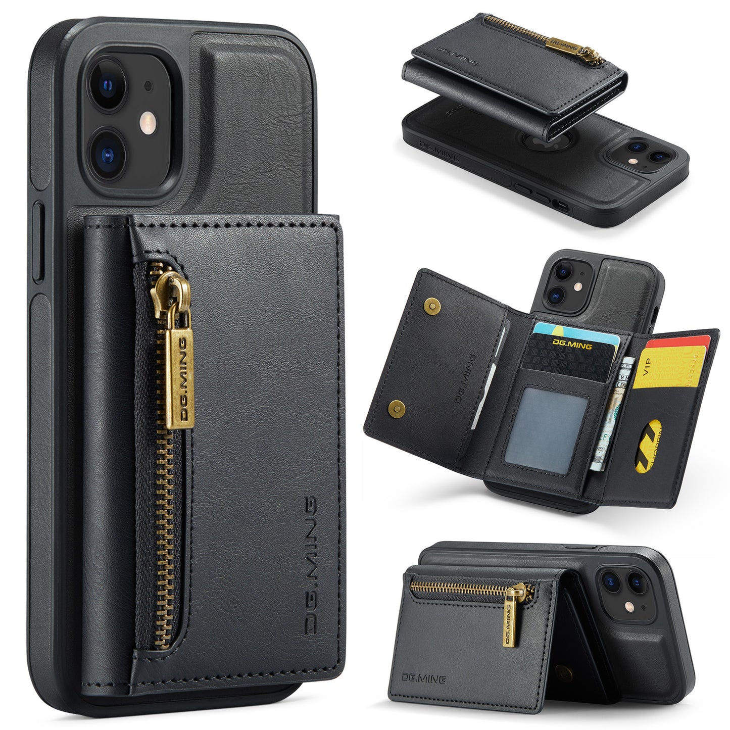 New 2-IN-1 RFID Blocking Zipper Wallet Card Holder Leather Phone Case for iPhone