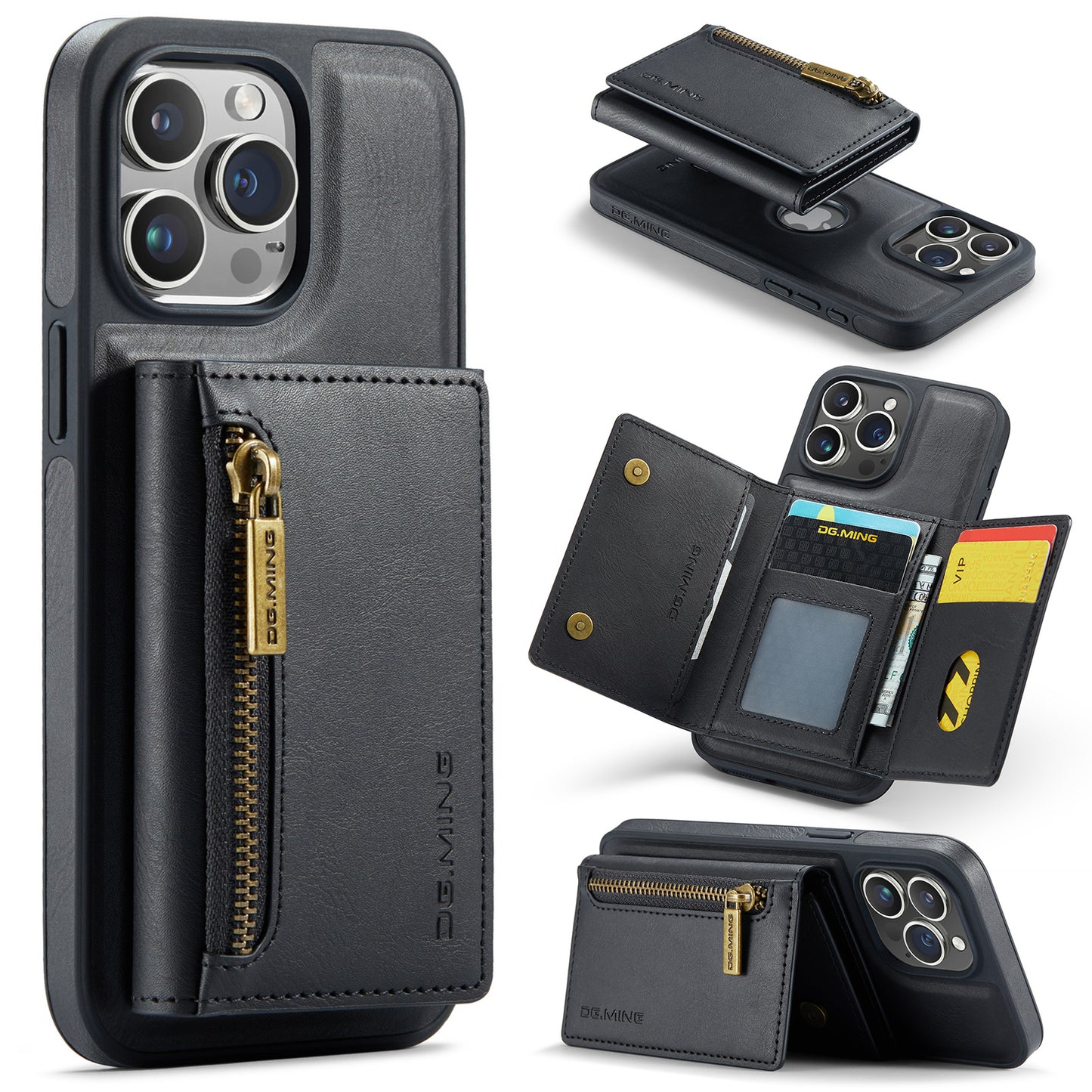 New 2-IN-1 RFID Blocking Zipper Wallet Card Holder Leather Phone Case for iPhone