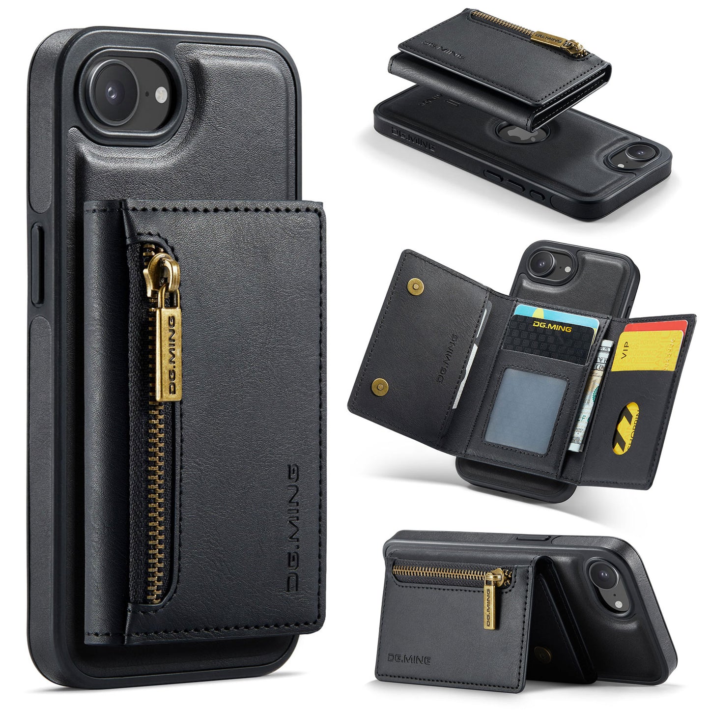 New 2-IN-1 RFID Blocking Zipper Wallet Card Holder Leather Phone Case for iPhone
