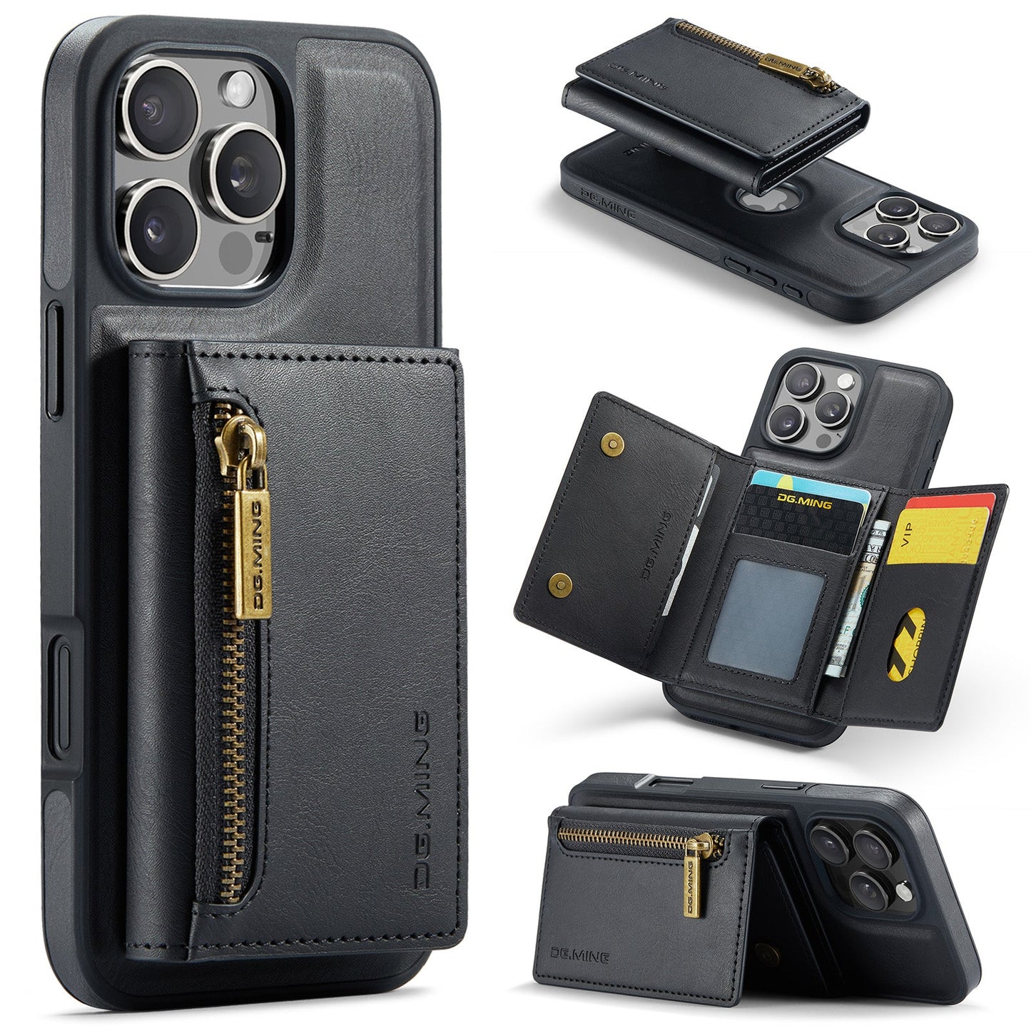 New 2-IN-1 RFID Blocking Zipper Wallet Card Holder Leather Phone Case for iPhone