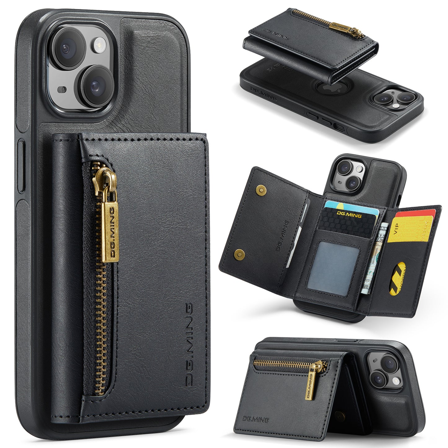 New 2-IN-1 RFID Blocking Zipper Wallet Card Holder Leather Phone Case for iPhone