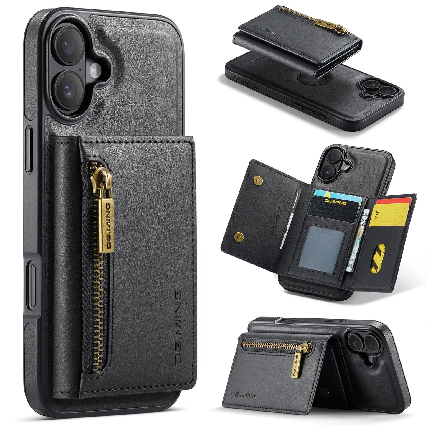 New 2-IN-1 RFID Blocking Zipper Wallet Card Holder Leather Phone Case for iPhone