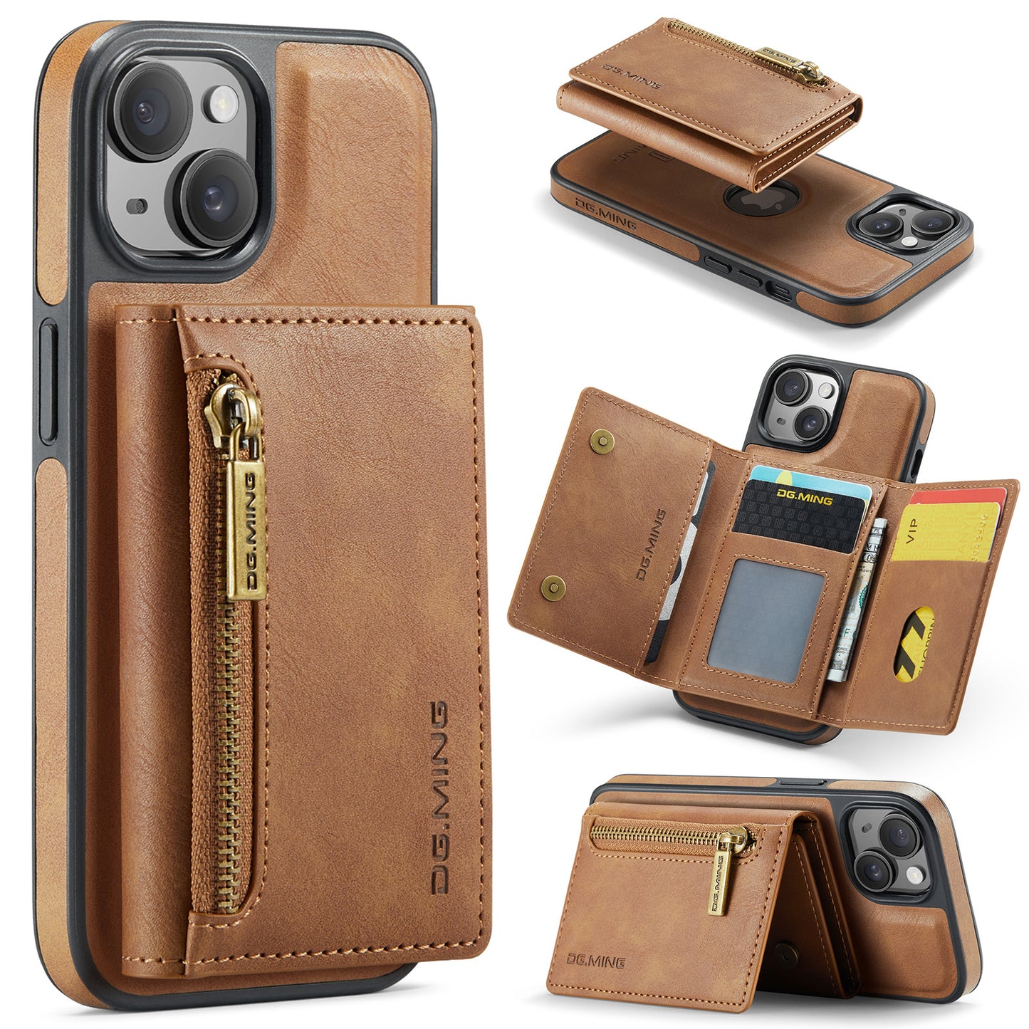 New 2-IN-1 RFID Blocking Zipper Wallet Card Holder Leather Phone Case for iPhone