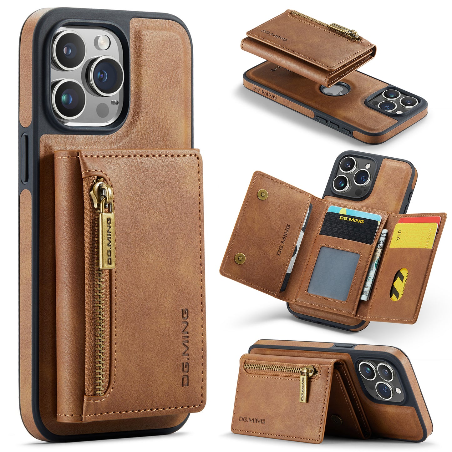 New 2-IN-1 RFID Blocking Zipper Wallet Card Holder Leather Phone Case for iPhone