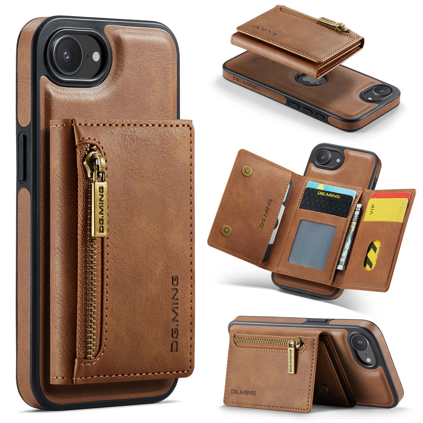 New 2-IN-1 RFID Blocking Zipper Wallet Card Holder Leather Phone Case for iPhone