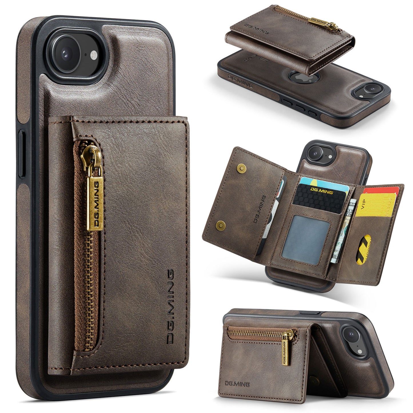 New 2-IN-1 RFID Blocking Zipper Wallet Card Holder Leather Phone Case for iPhone