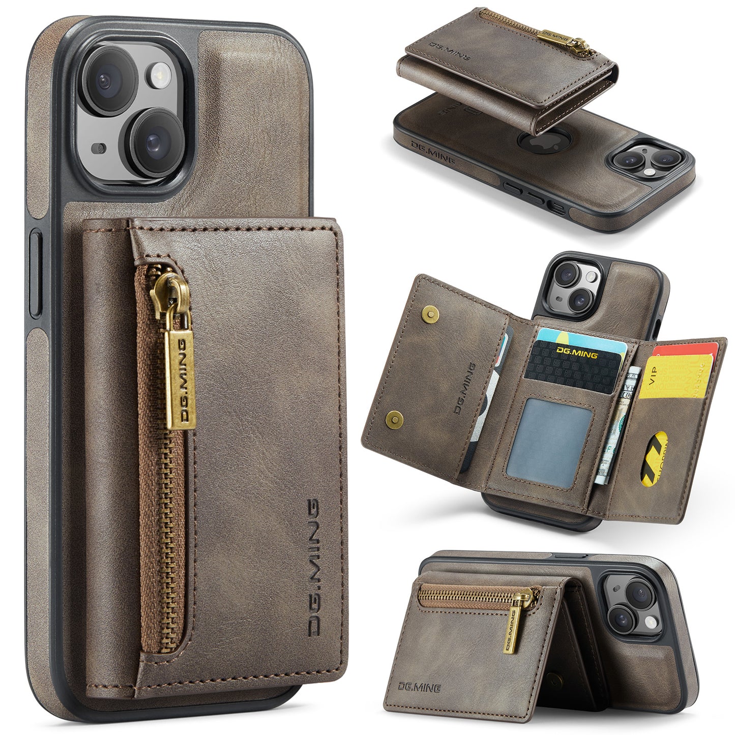 New 2-IN-1 RFID Blocking Zipper Wallet Card Holder Leather Phone Case for iPhone