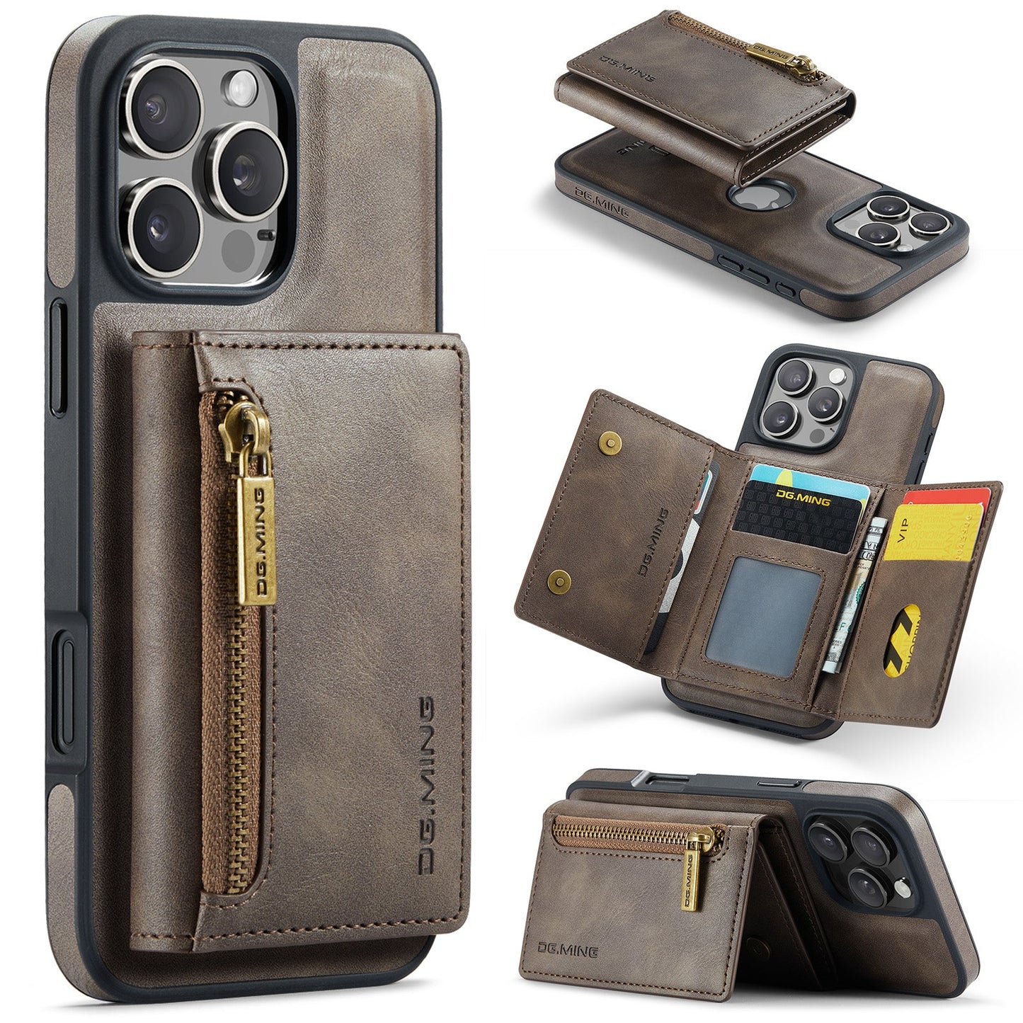 New 2-IN-1 RFID Blocking Zipper Wallet Card Holder Leather Phone Case for iPhone