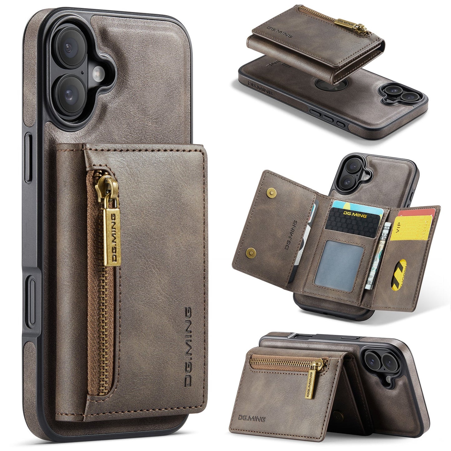 New 2-IN-1 RFID Blocking Zipper Wallet Card Holder Leather Phone Case for iPhone