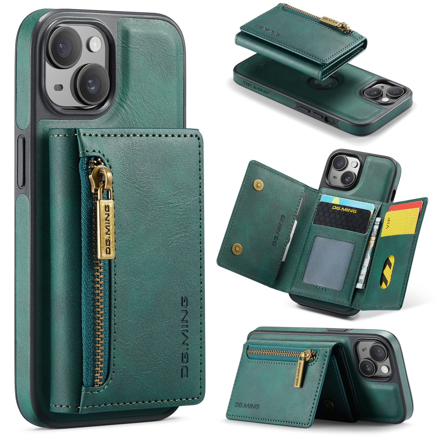 New 2-IN-1 RFID Blocking Zipper Wallet Card Holder Leather Phone Case for iPhone