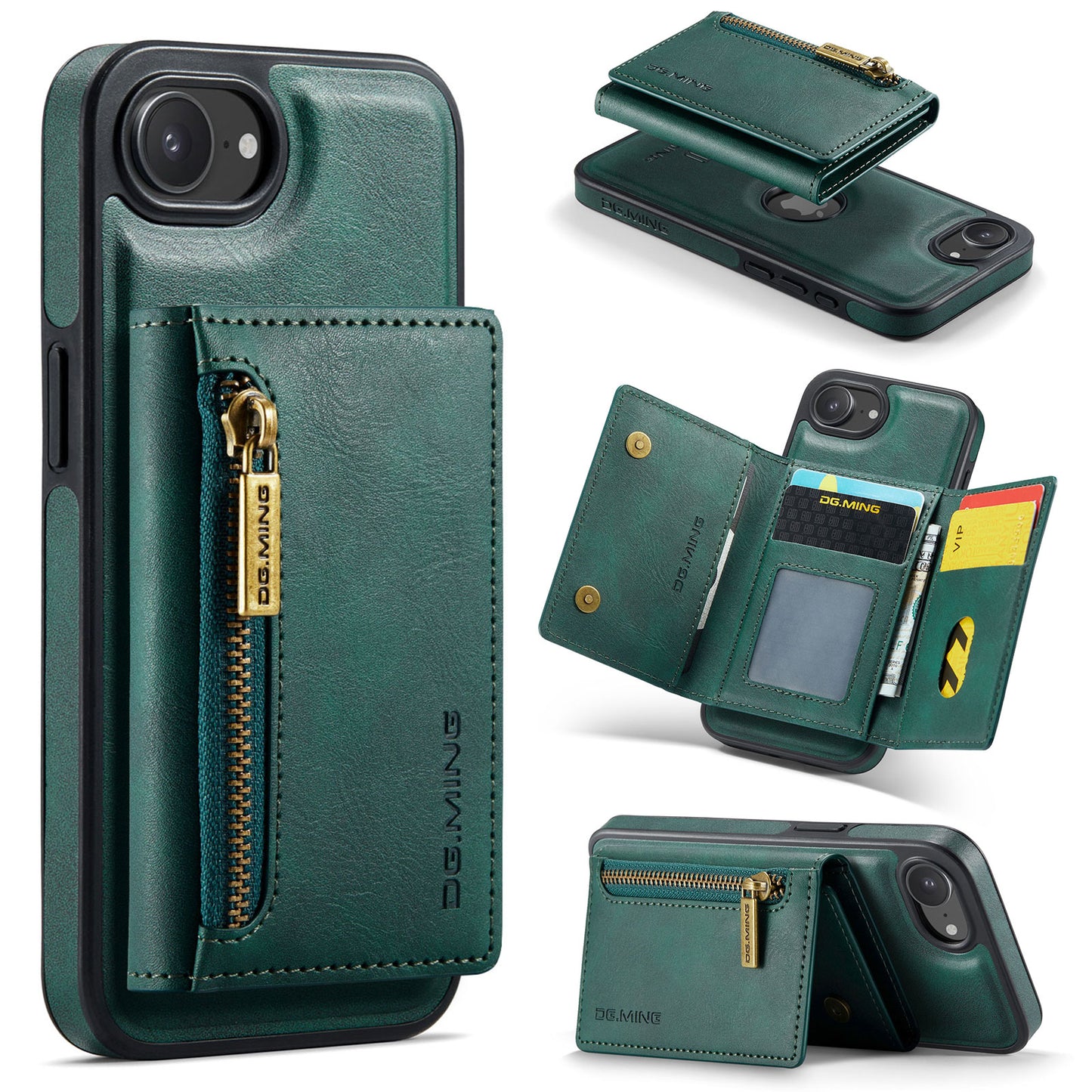New 2-IN-1 RFID Blocking Zipper Wallet Card Holder Leather Phone Case for iPhone