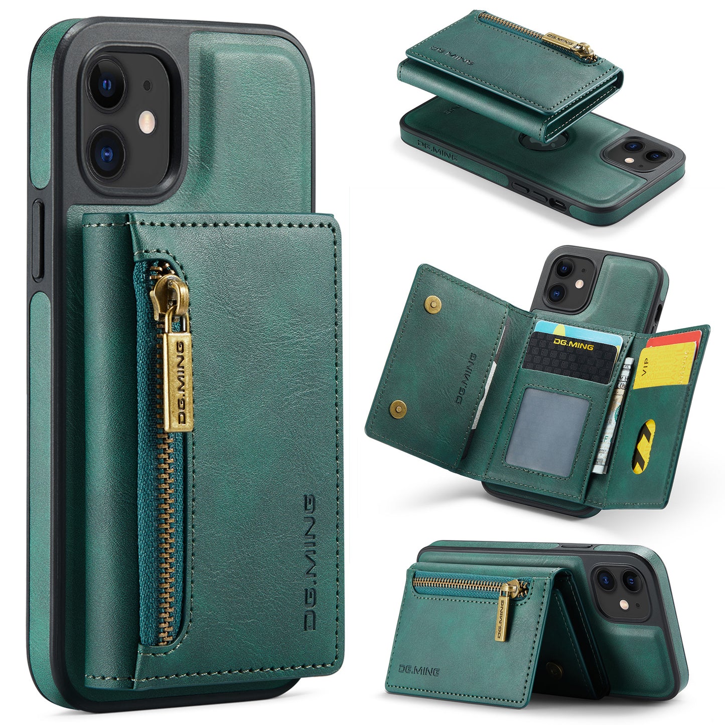 New 2-IN-1 RFID Blocking Zipper Wallet Card Holder Leather Phone Case for iPhone