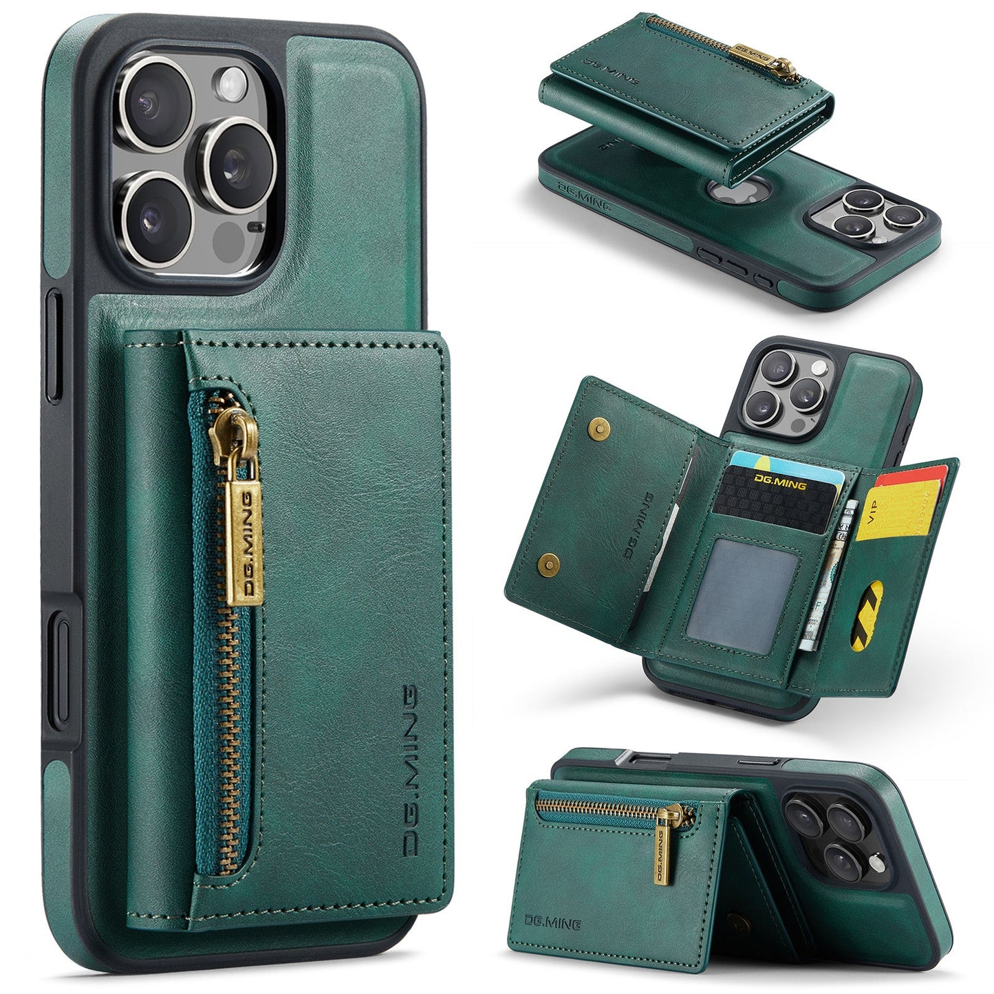 New 2-IN-1 RFID Blocking Zipper Wallet Card Holder Leather Phone Case for iPhone