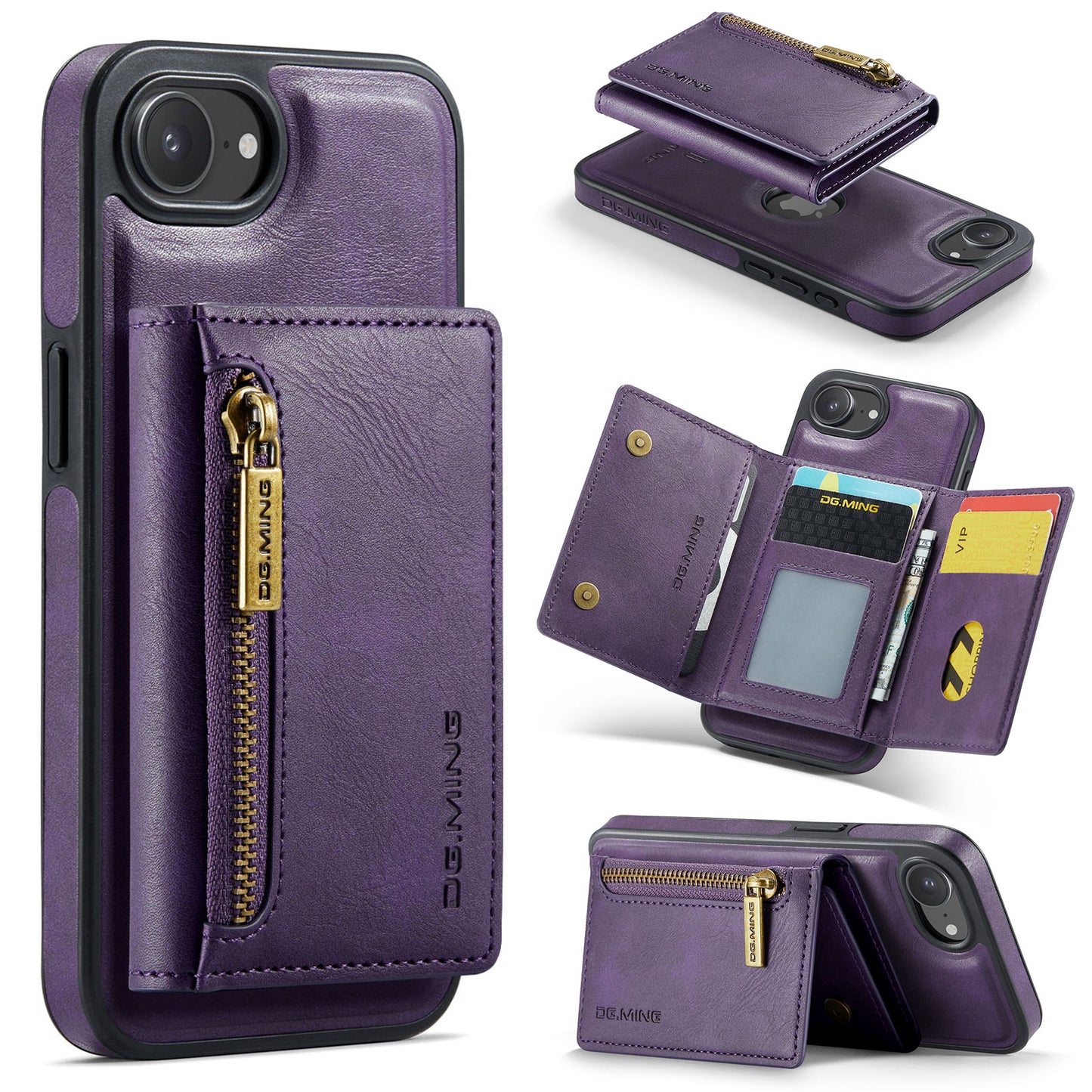 New 2-IN-1 RFID Blocking Zipper Wallet Card Holder Leather Phone Case for iPhone