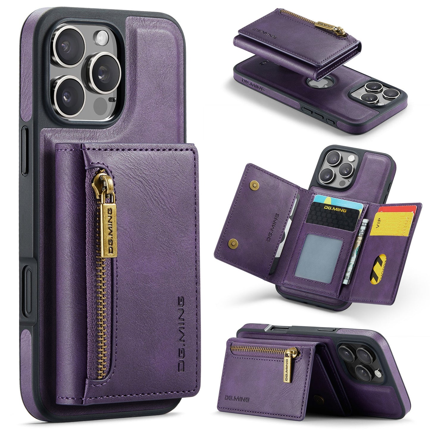 New 2-IN-1 RFID Blocking Zipper Wallet Card Holder Leather Phone Case for iPhone
