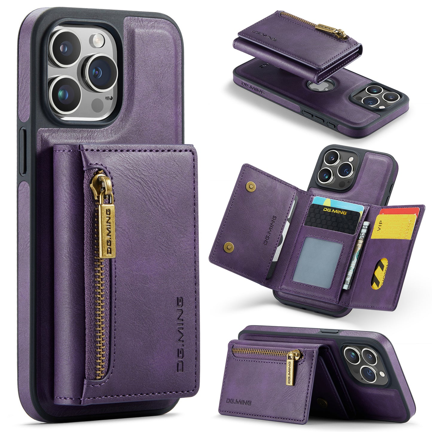 New 2-IN-1 RFID Blocking Zipper Wallet Card Holder Leather Phone Case for iPhone
