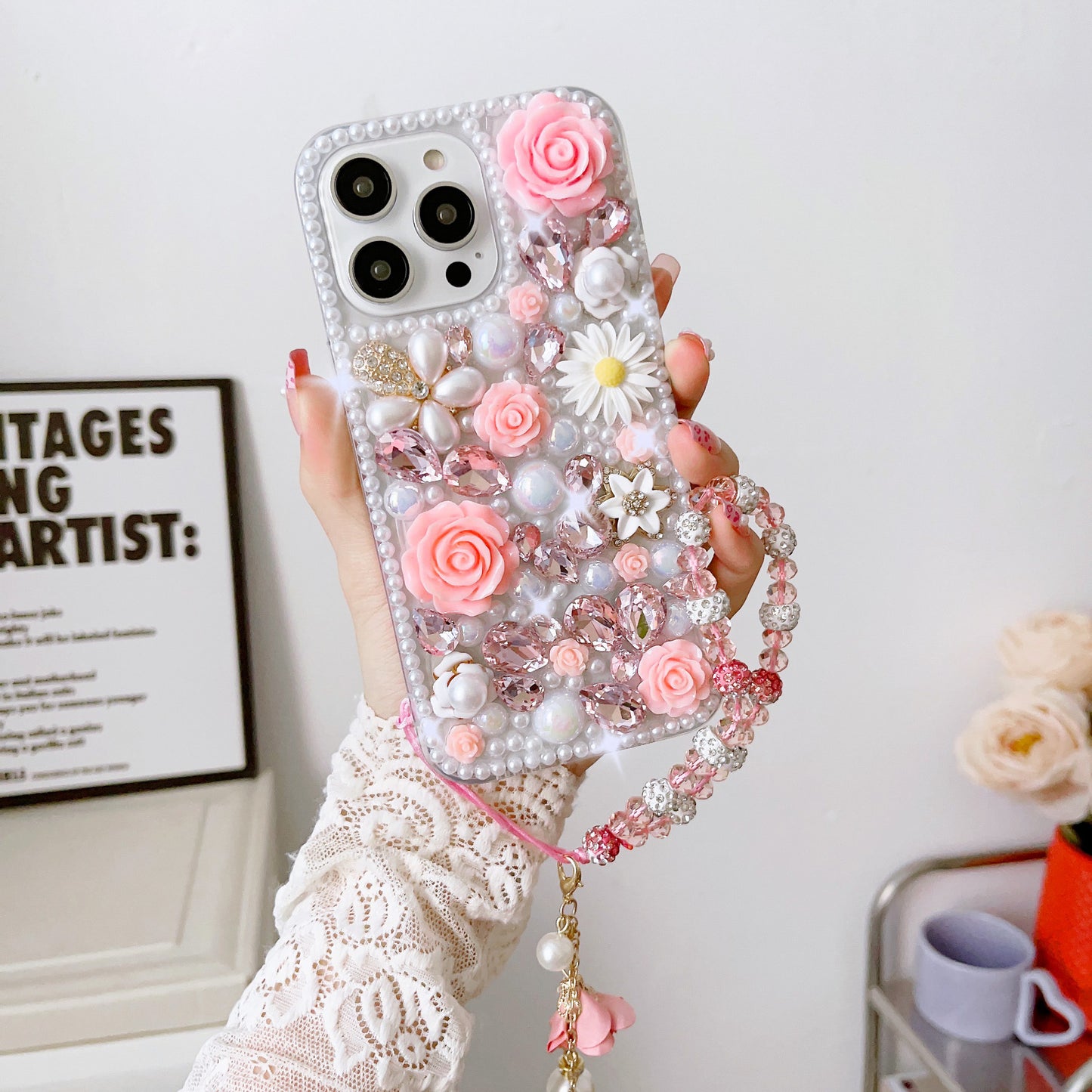 New Bling Rhinestone Pearl Bracelet Phone Case for iPhone 16 Pro Max