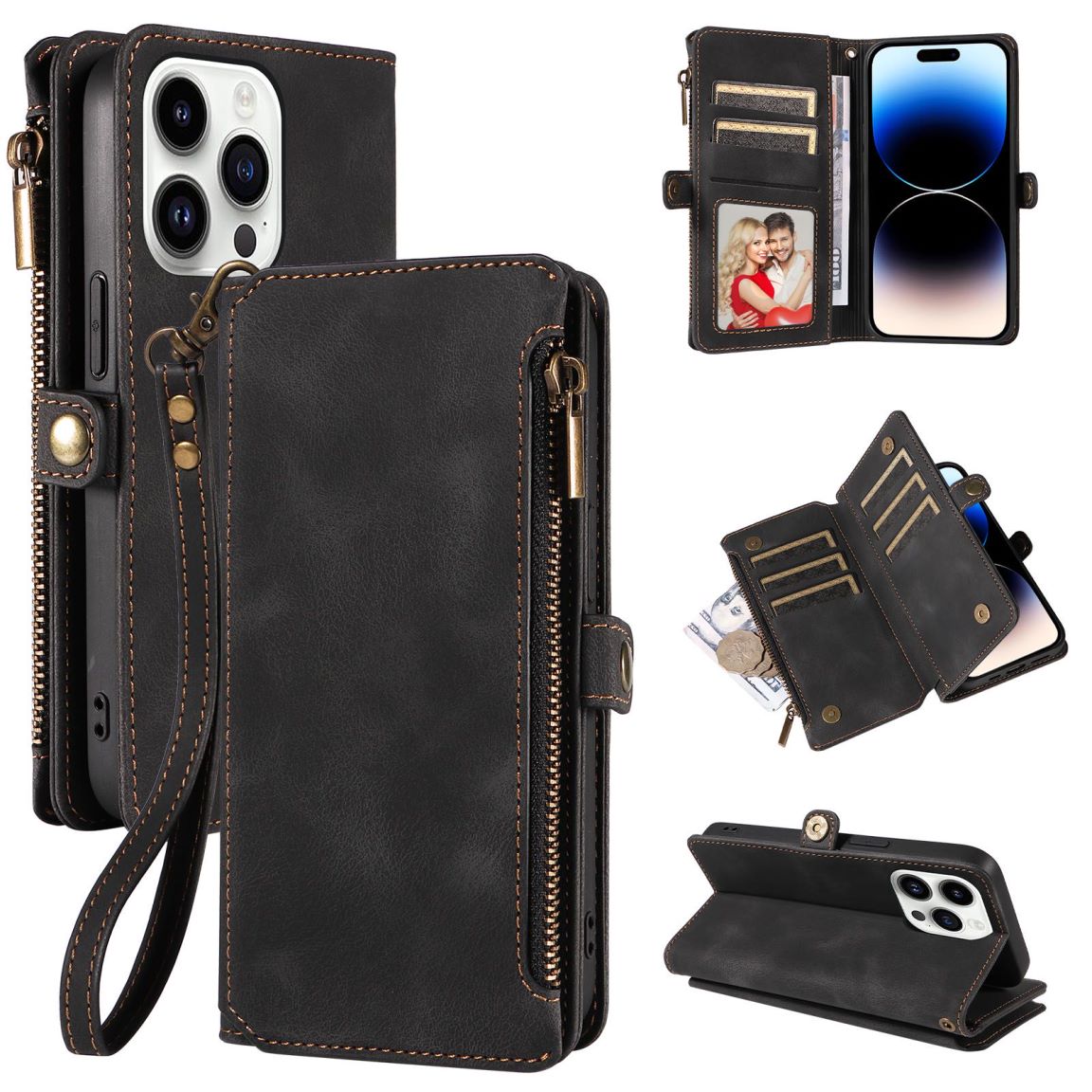 New RFID Blocking Zipper Wallet Leather Phone Case for iPhone