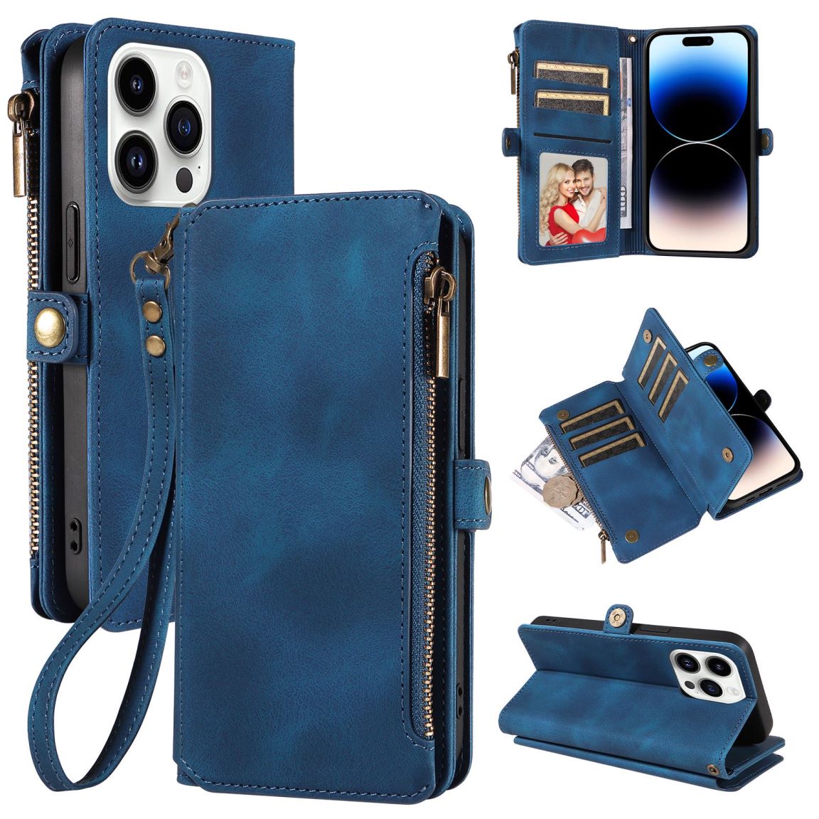 New RFID Blocking Zipper Wallet Leather Phone Case for iPhone