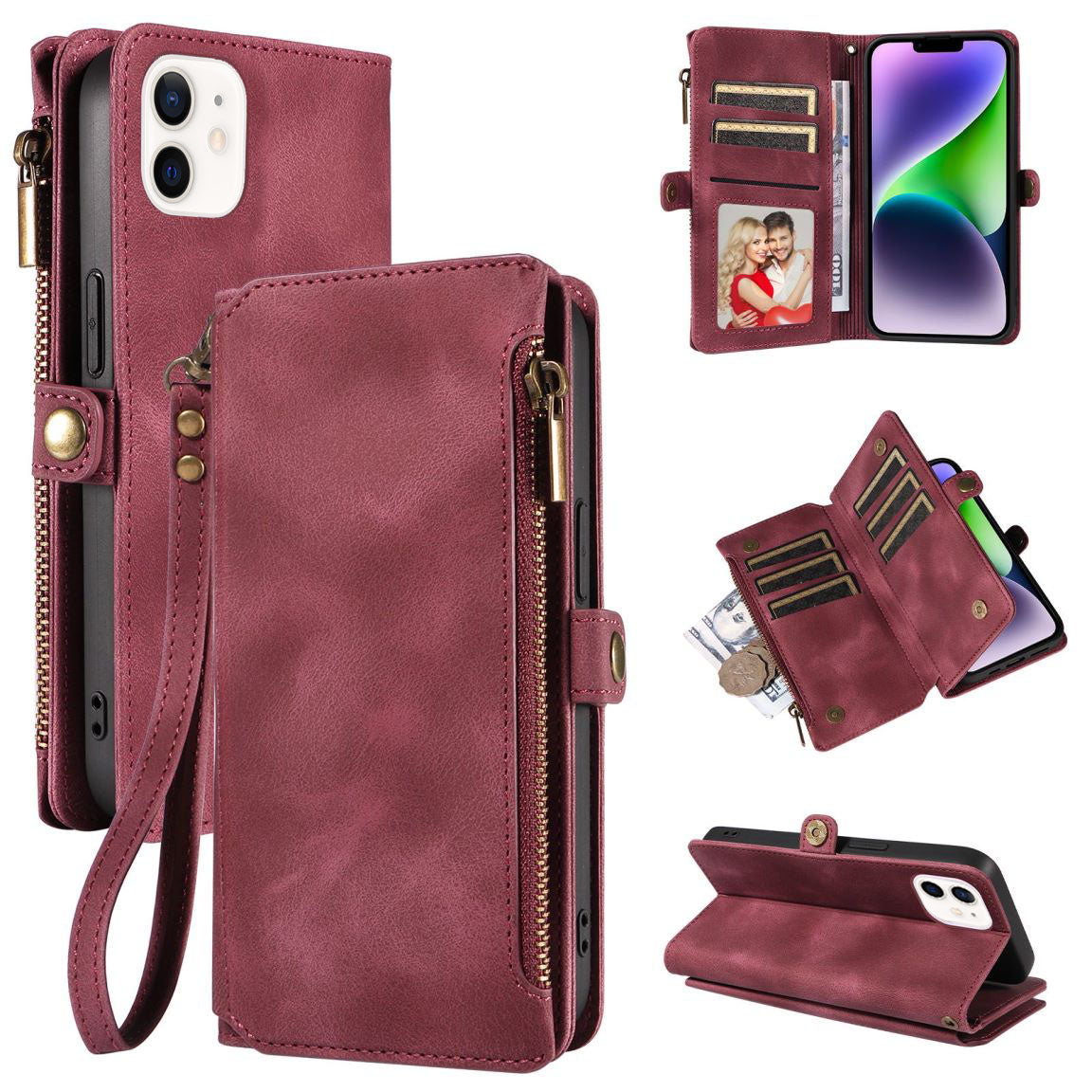 New RFID Blocking Zipper Wallet Leather Phone Case for iPhone