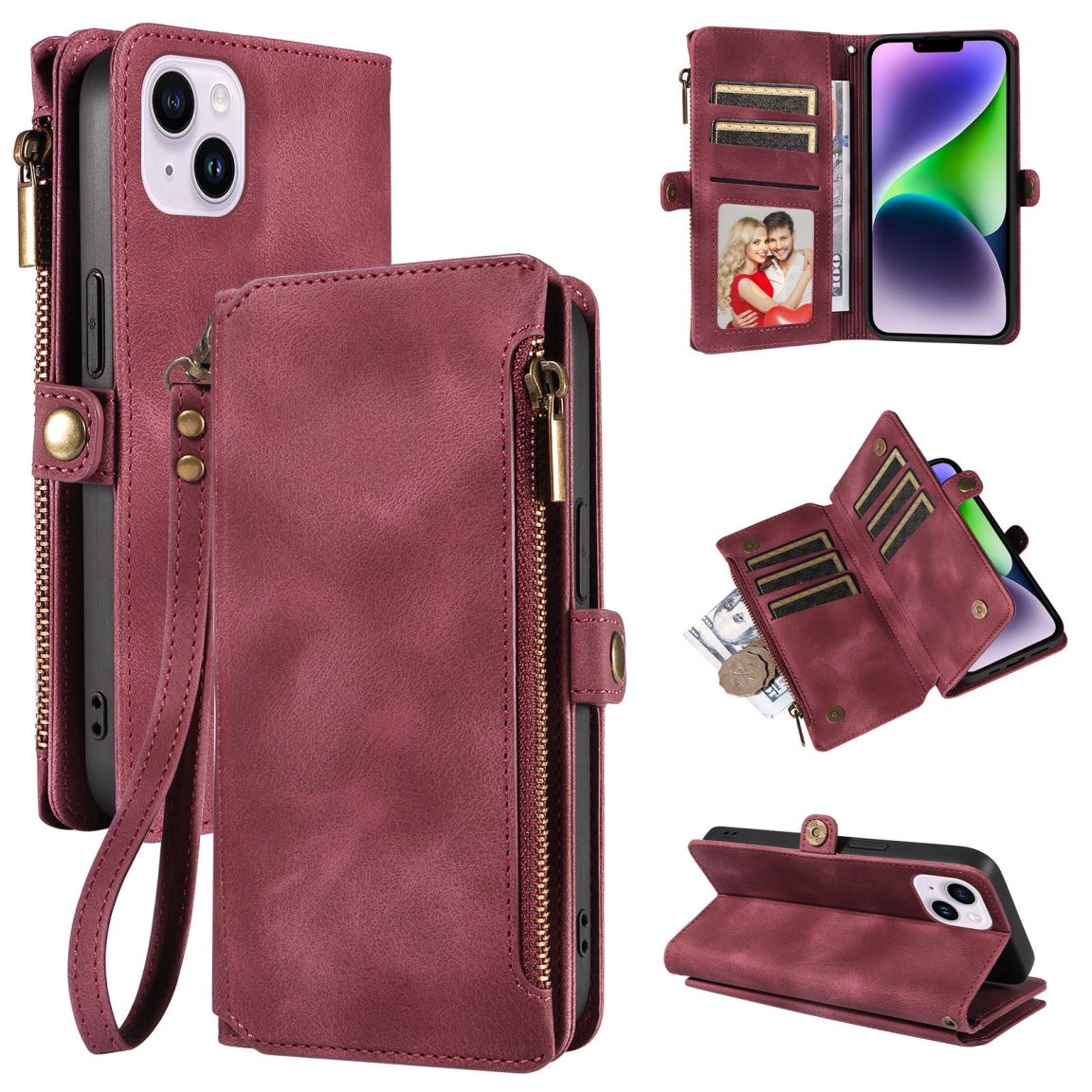 New RFID Blocking Zipper Wallet Leather Phone Case for iPhone