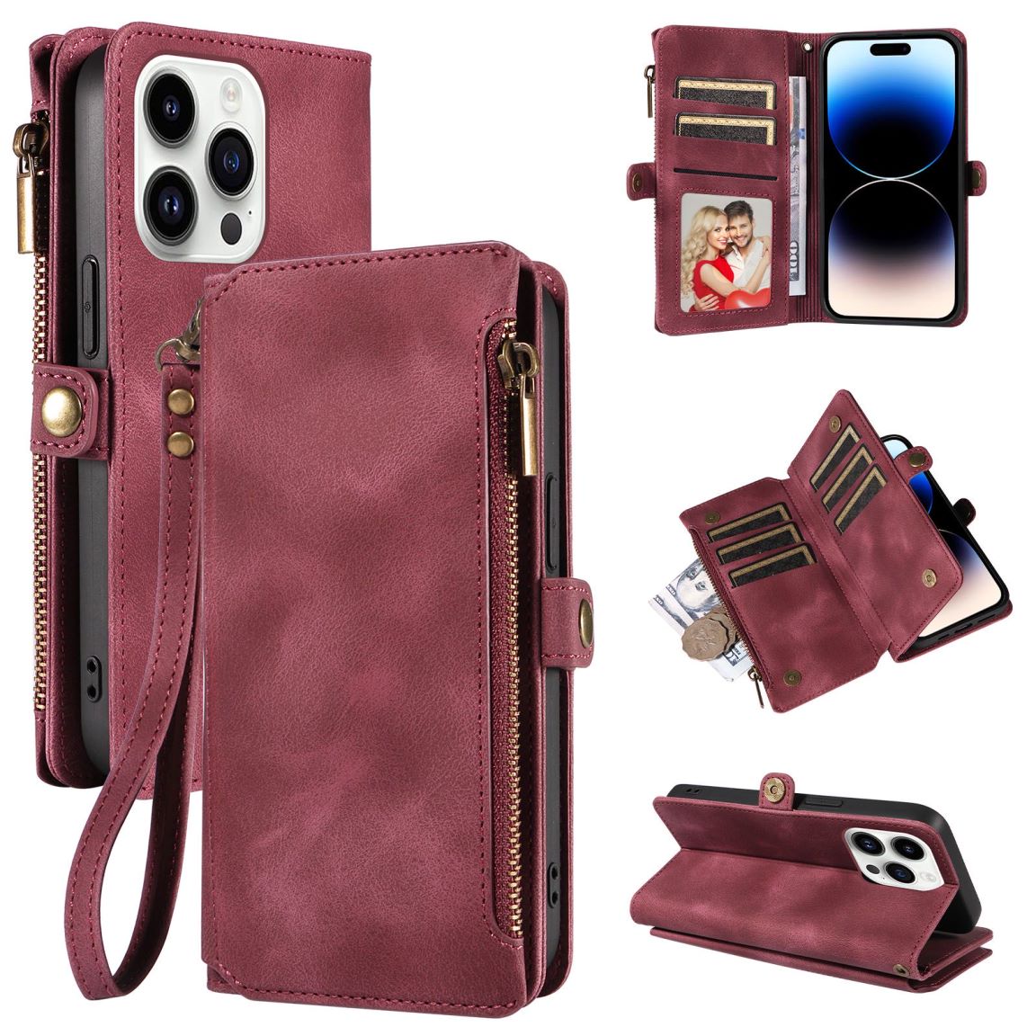 New RFID Blocking Zipper Wallet Leather Phone Case for iPhone