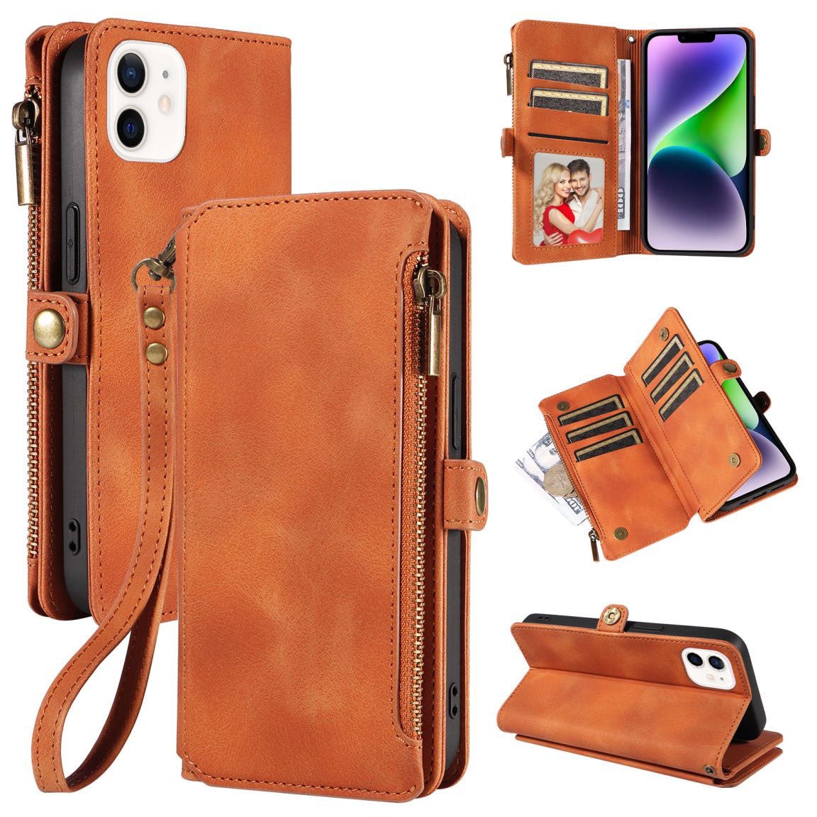 New RFID Blocking Zipper Wallet Leather Phone Case for iPhone