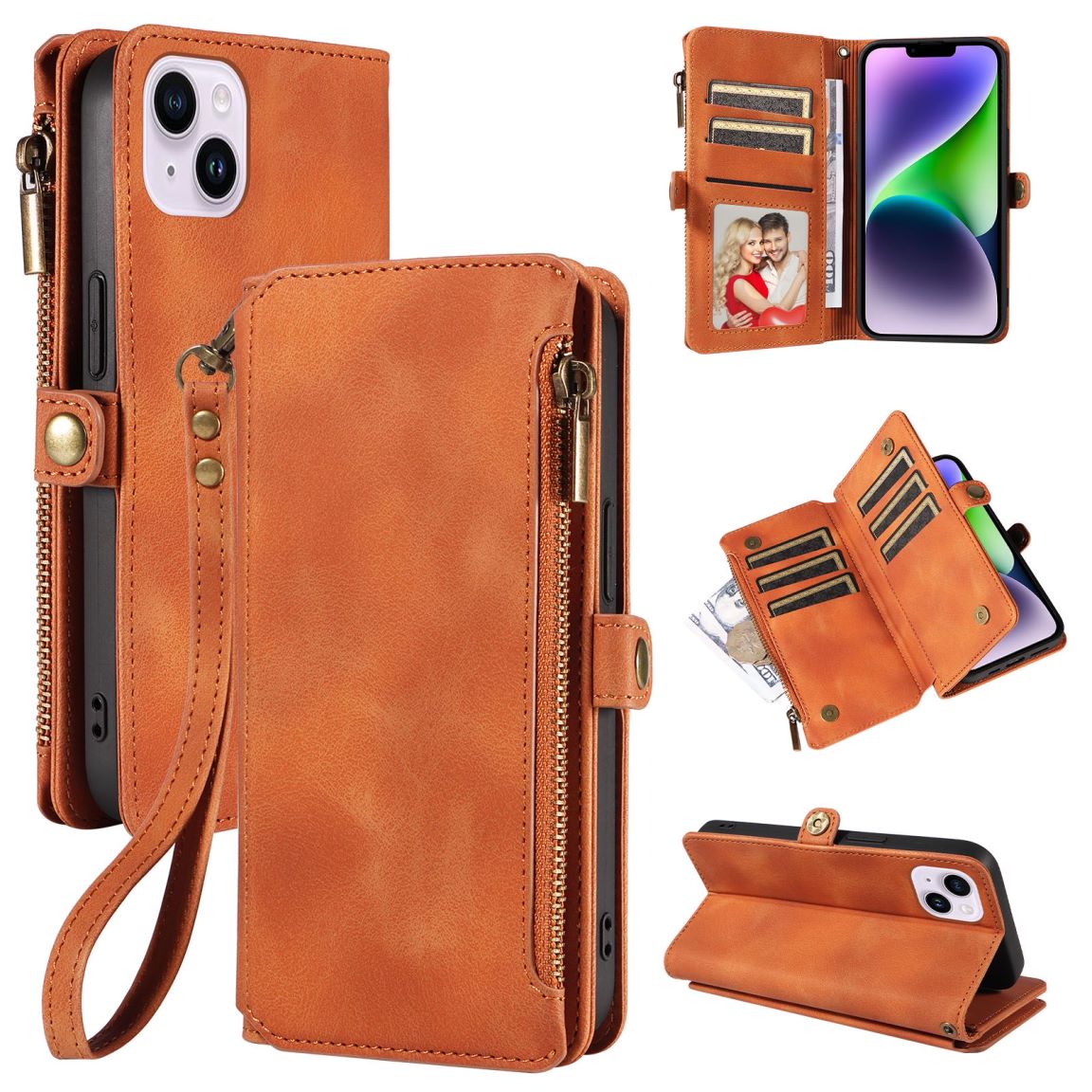 New RFID Blocking Zipper Wallet Leather Phone Case for iPhone