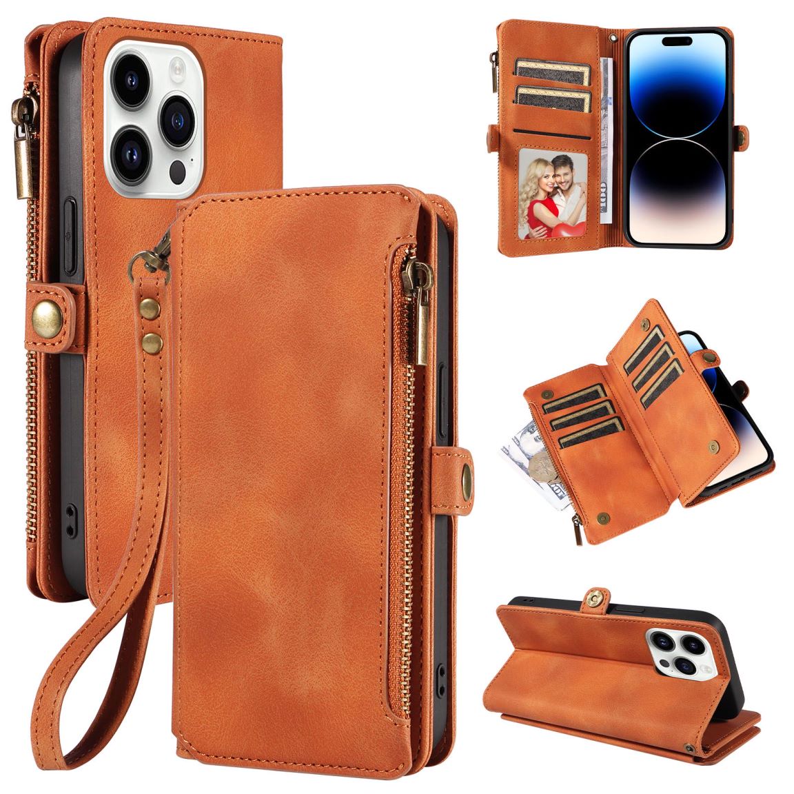 New RFID Blocking Zipper Wallet Leather Phone Case for iPhone