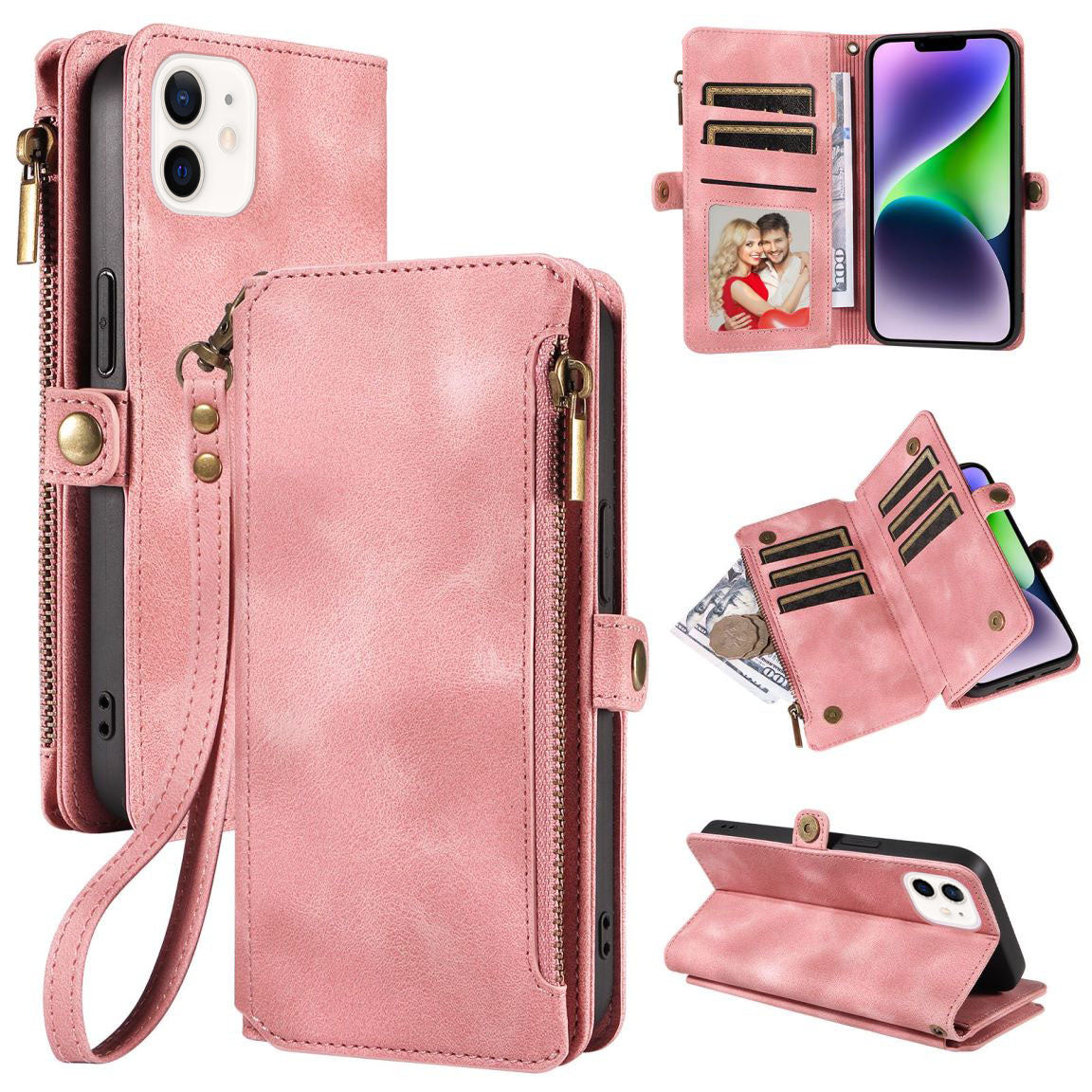 New RFID Blocking Zipper Wallet Leather Phone Case for iPhone