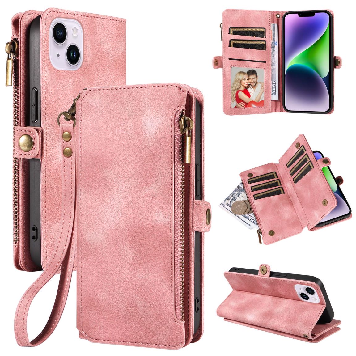 New RFID Blocking Zipper Wallet Leather Phone Case for iPhone