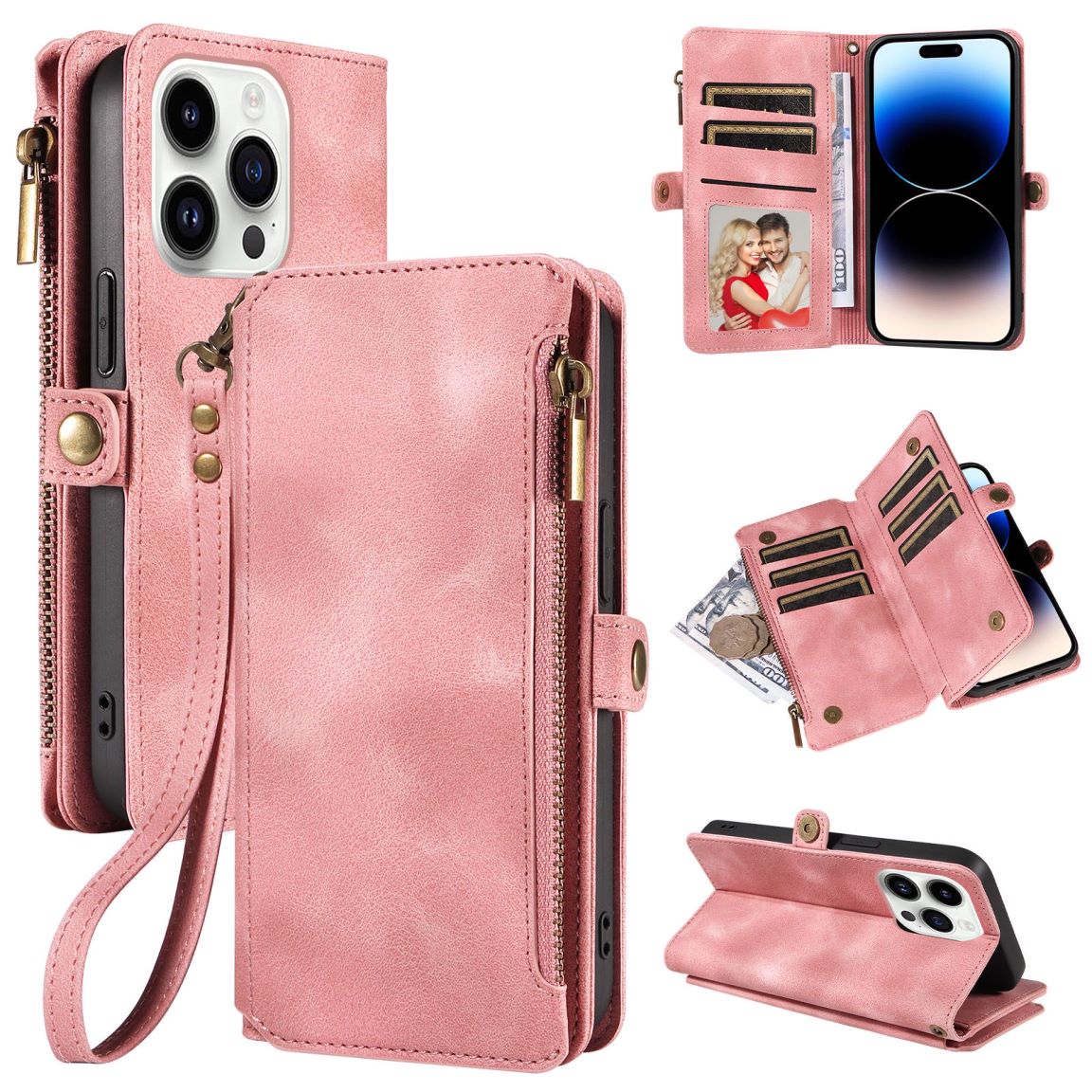 New RFID Blocking Zipper Wallet Leather Phone Case for iPhone