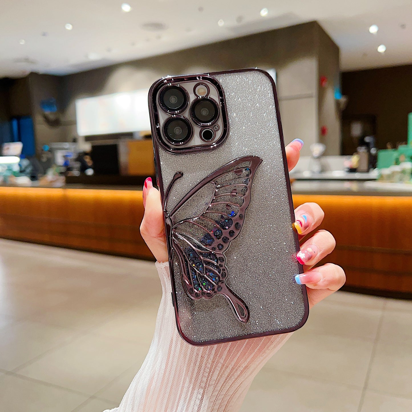 New Quicksand Butterfly Electroplated Glitter Lens Protector Phone Case for iPhone