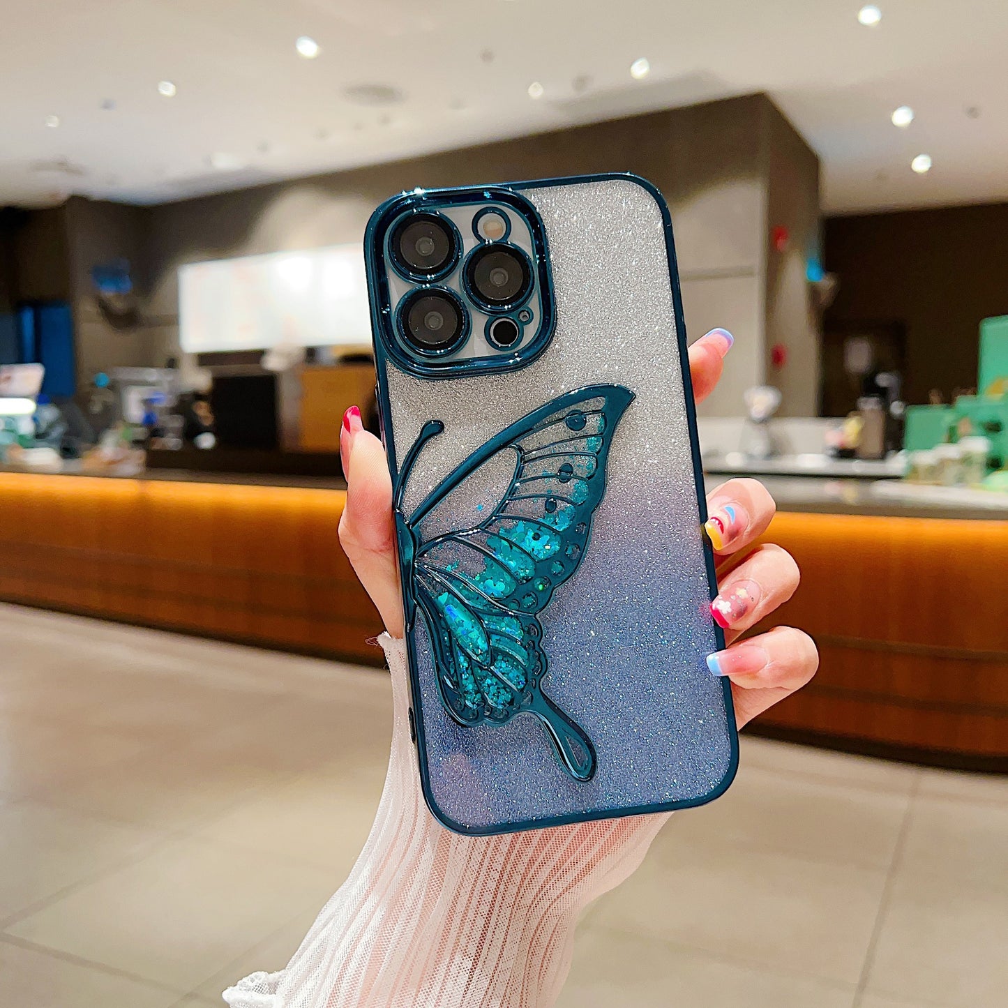 New Quicksand Butterfly Electroplated Glitter Lens Protector Phone Case for iPhone