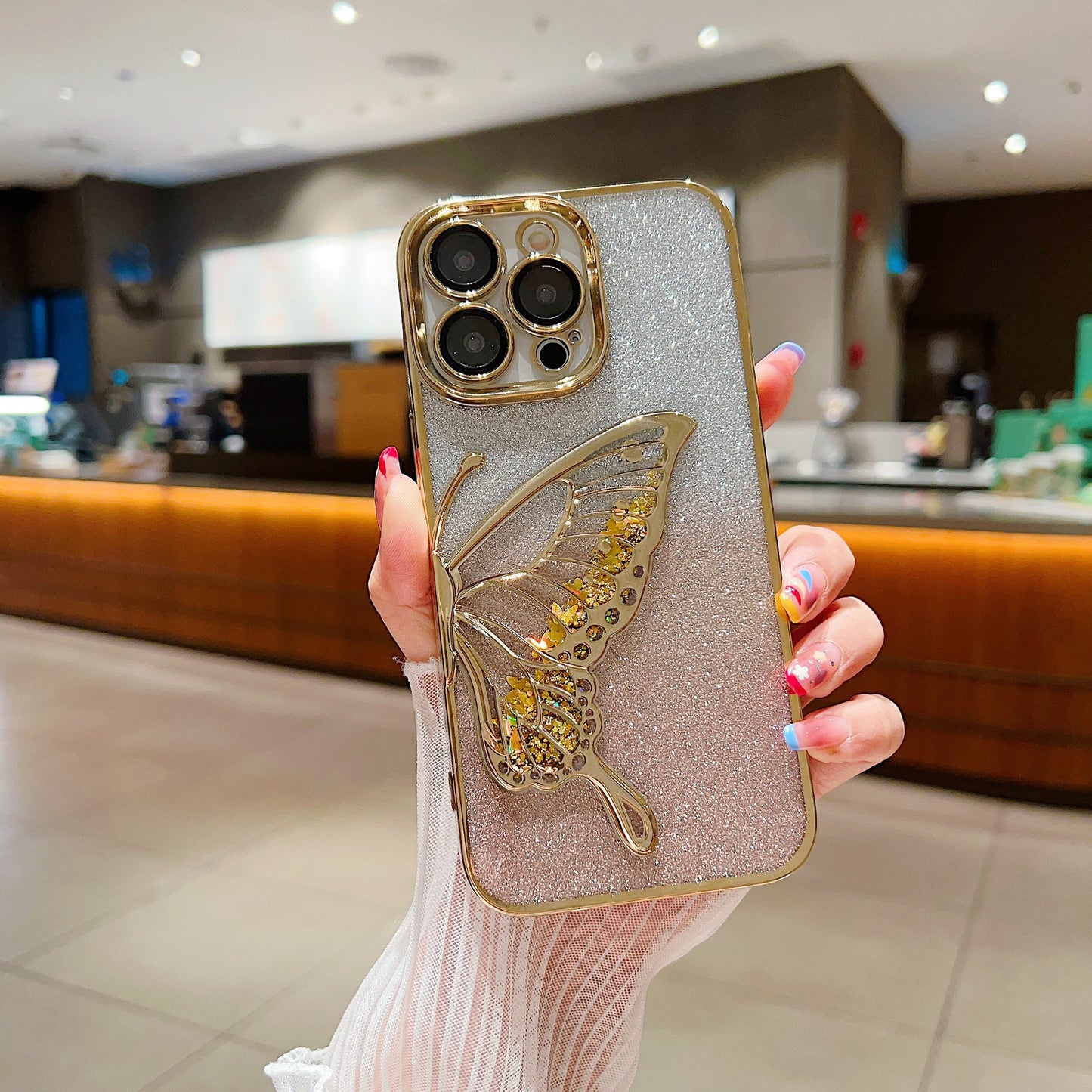 New Quicksand Butterfly Electroplated Glitter Lens Protector Phone Case for iPhone