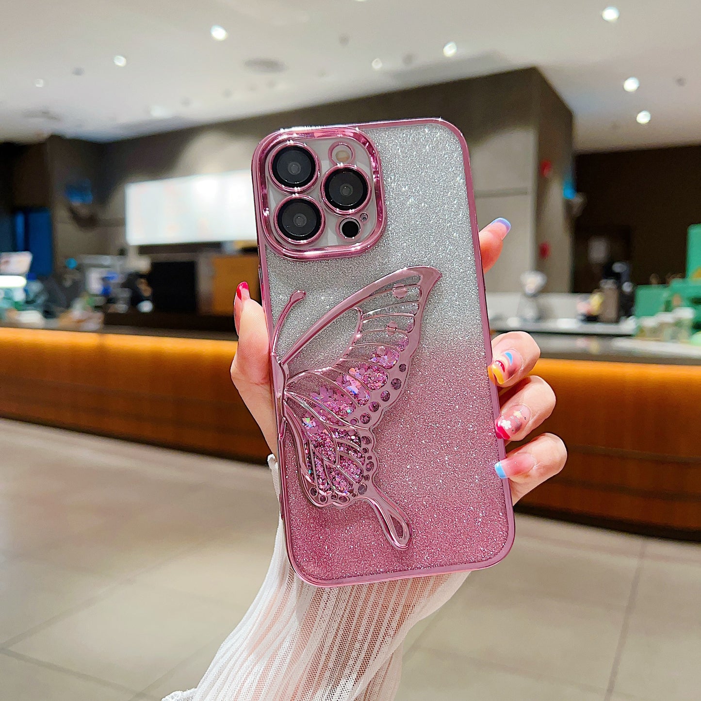 New Quicksand Butterfly Electroplated Glitter Lens Protector Phone Case for iPhone