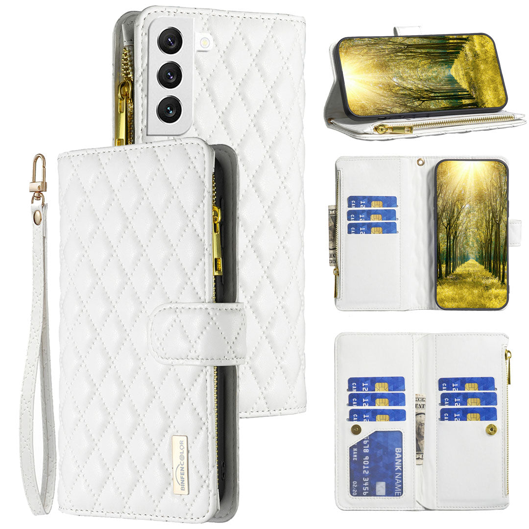 New Zip Wallet Leather Phone Case with Lanyard for Samsung