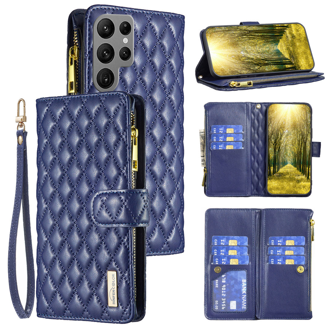 New Zip Wallet Leather Phone Case with Lanyard for Samsung