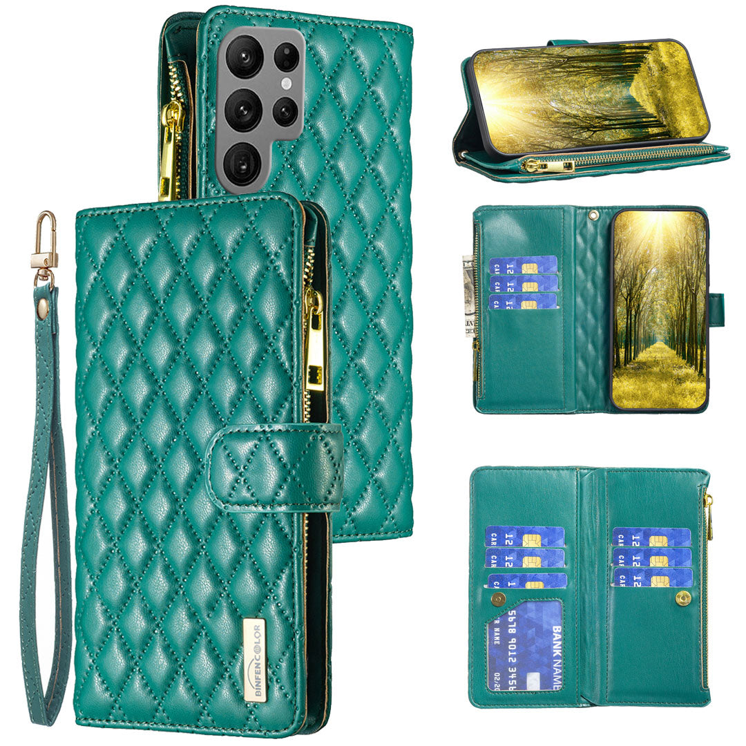 New Zip Wallet Leather Phone Case with Lanyard for Samsung