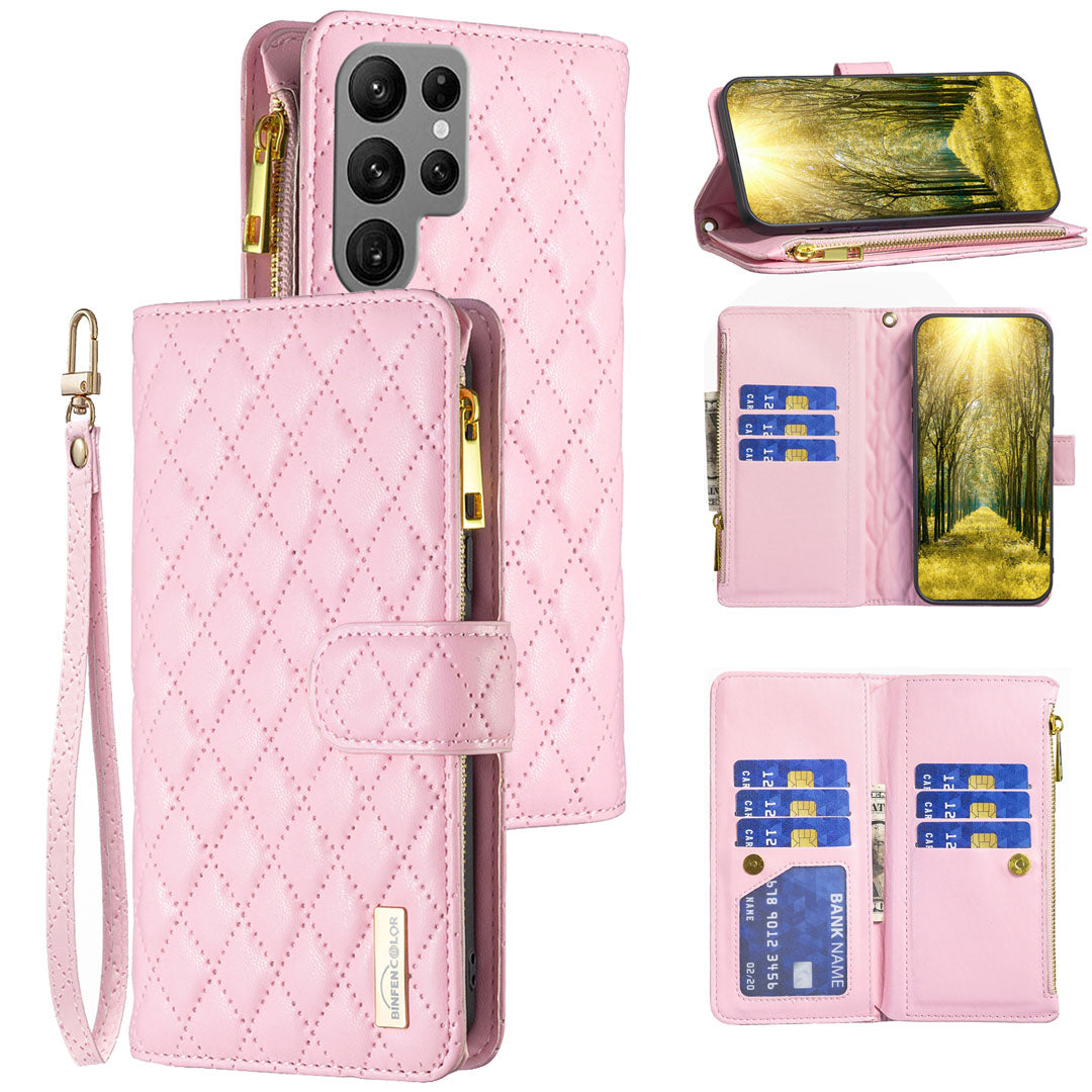 New Zip Wallet Leather Phone Case with Lanyard for Samsung