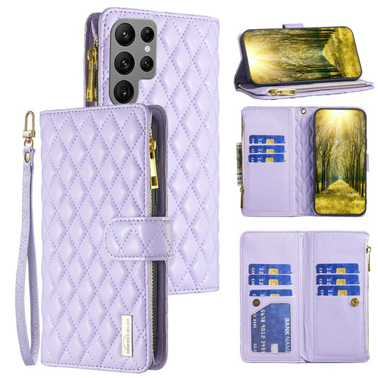 New Zip Wallet Leather Phone Case with Lanyard for Samsung