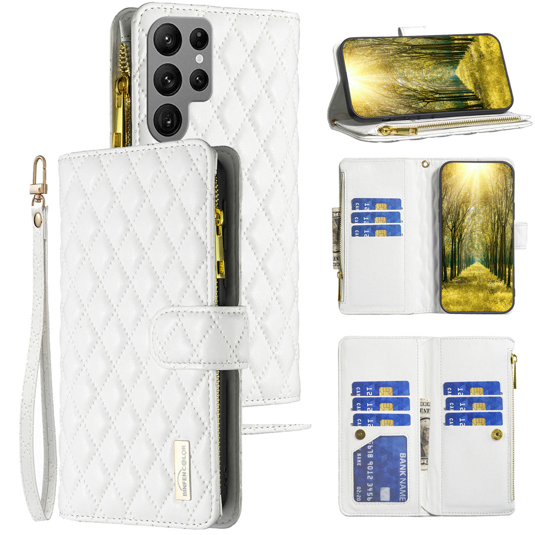 New Zip Wallet Leather Phone Case with Lanyard for Samsung