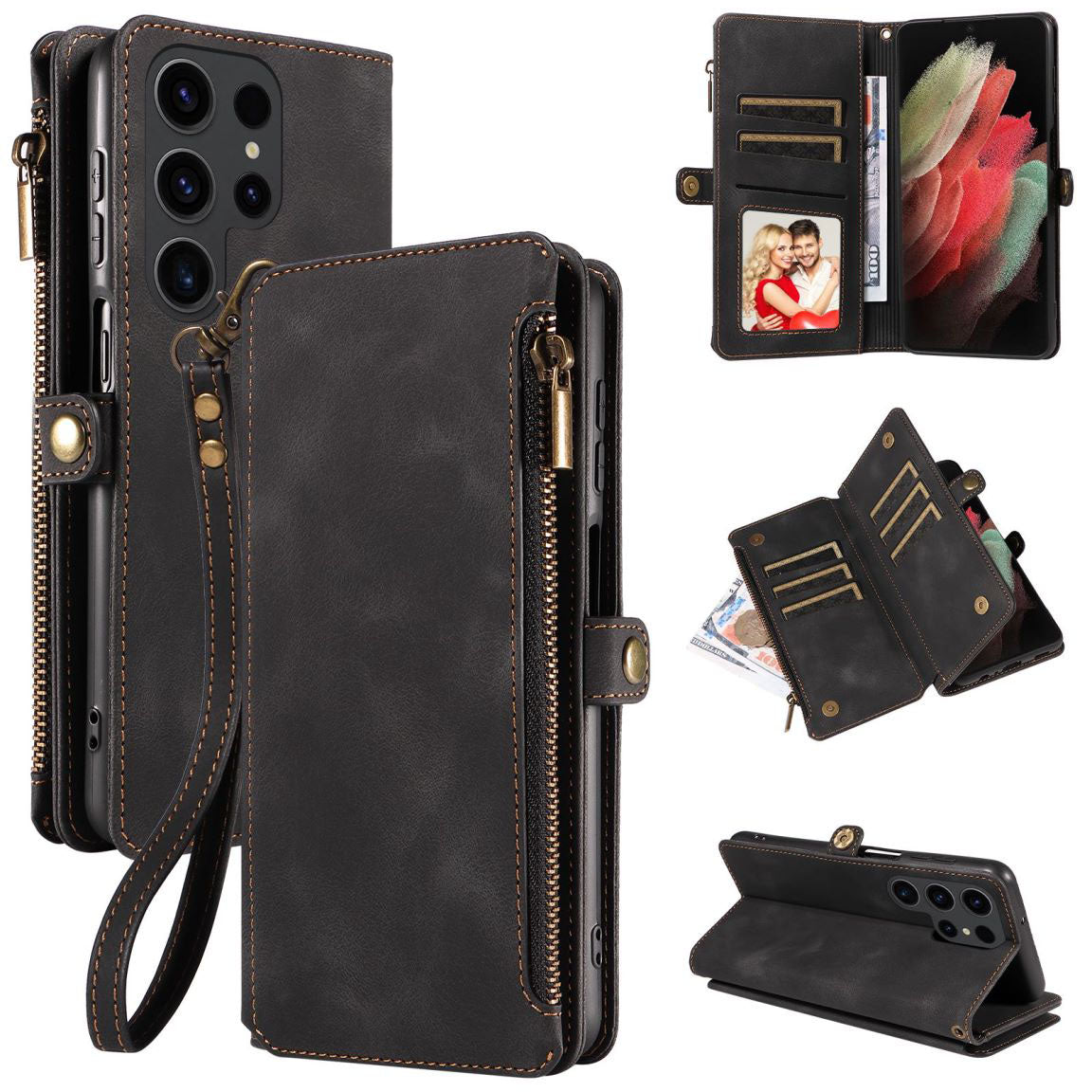 New RFID Blocking Zipper Wallet Leather Phone Case for Samsung