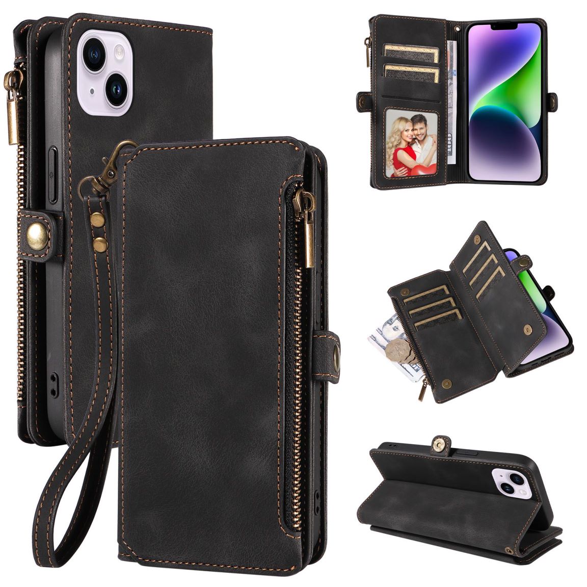 New RFID Blocking Zipper Wallet Leather Phone Case for iPhone