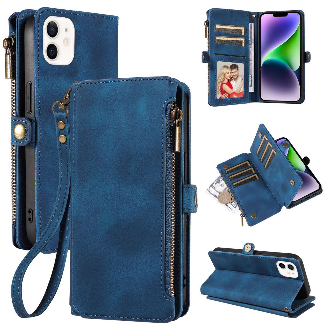 New RFID Blocking Zipper Wallet Leather Phone Case for iPhone