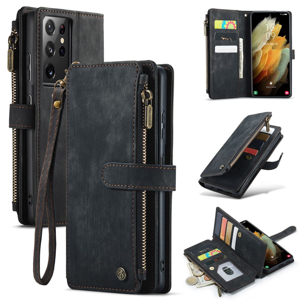 New Zipper Wallet Leather Wireless Charging Phone Case for Samsung