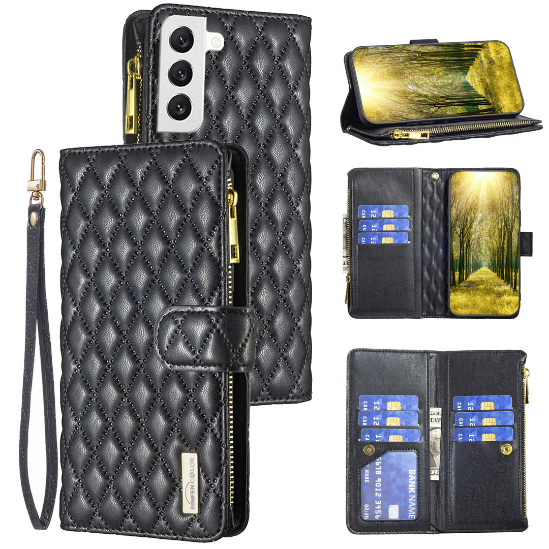 New Zip Wallet Leather Phone Case with Lanyard for Samsung