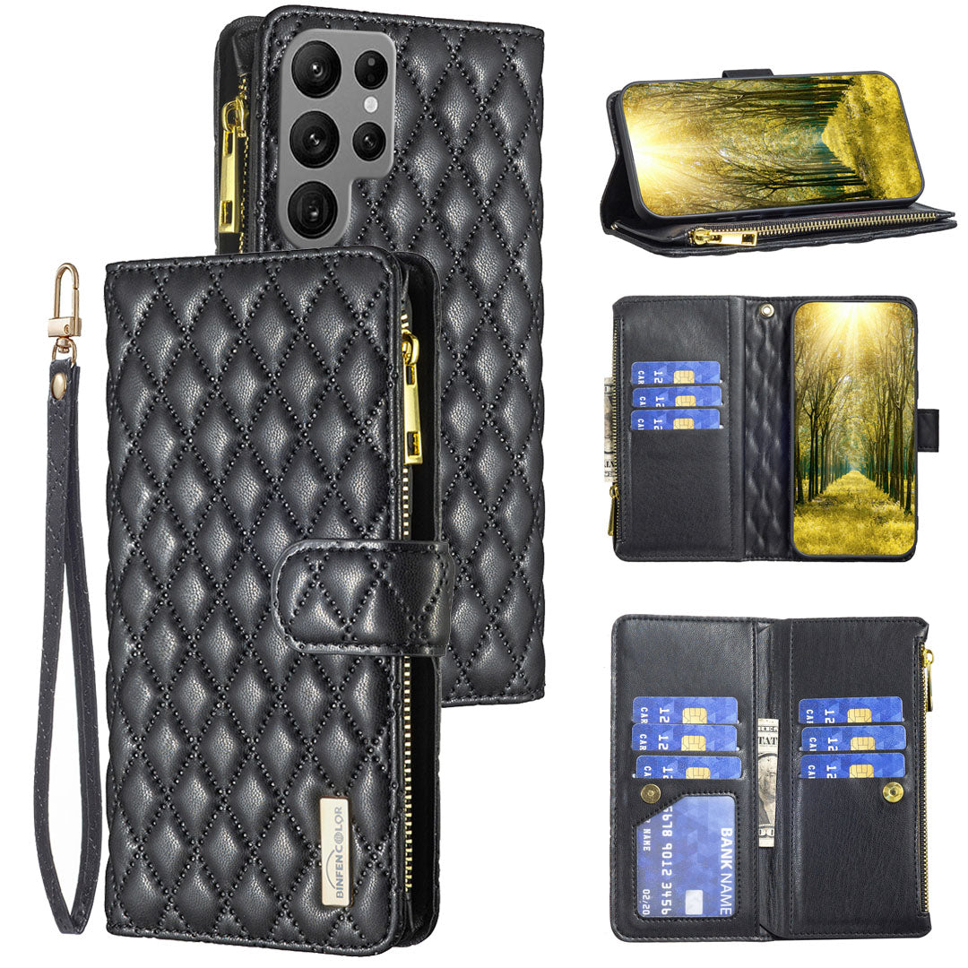 New Zip Wallet Leather Phone Case with Lanyard for Samsung